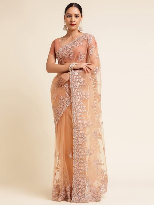 Peach Silver Toned Floral Embroidered Net Saree embroidered saree