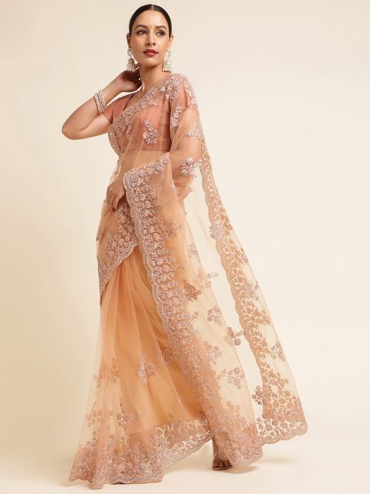 Peach Silver Toned Floral Embroidered Net Saree embroidered saree