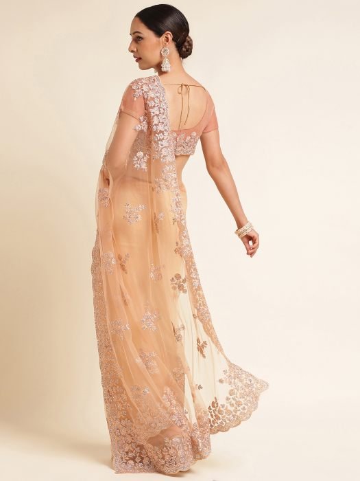 Peach Silver Toned Floral Embroidered Net Saree embroidered saree