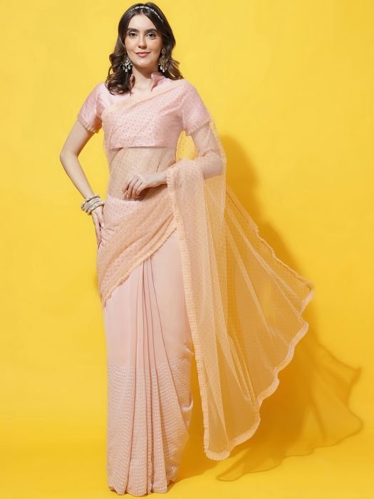 Peach Embellished Beads and Stones Work  Poly Georgette Saree party wear saree