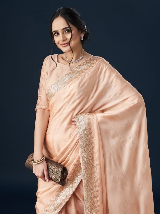 Peach Embellished Satin Sarees NEW