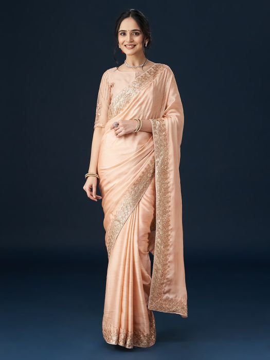 Peach Embellished Satin Sarees NEW