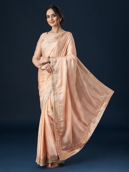 Peach Embellished Satin Sarees NEW