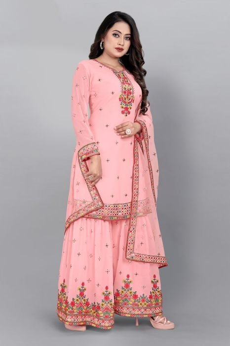  Peach Embroidered Mirror Work Semi Stitched Kurta With Plazzo And Dupatta  semi stitched