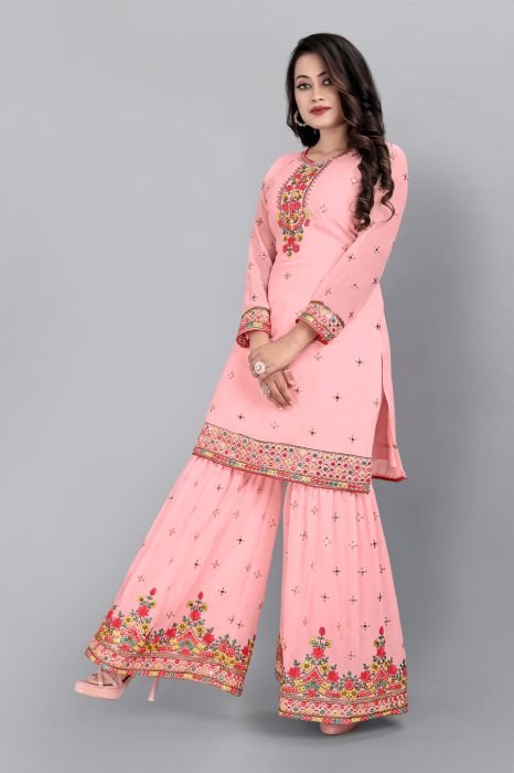  Peach Embroidered Mirror Work Semi Stitched Kurta With Plazzo And Dupatta  semi stitched