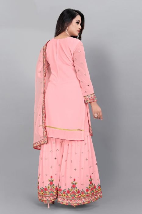  Peach Embroidered Mirror Work Semi Stitched Kurta With Plazzo And Dupatta  semi stitched