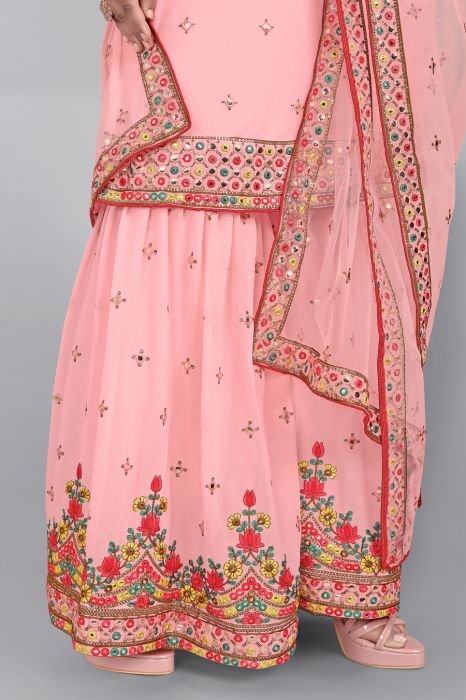  Peach Embroidered Mirror Work Semi Stitched Kurta With Plazzo And Dupatta  semi stitched