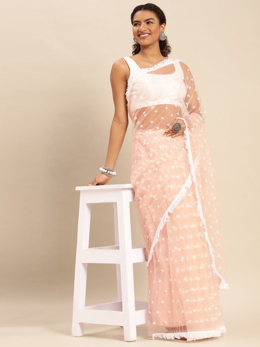 Peach Ethnic Motifs Embroidered Net Saree