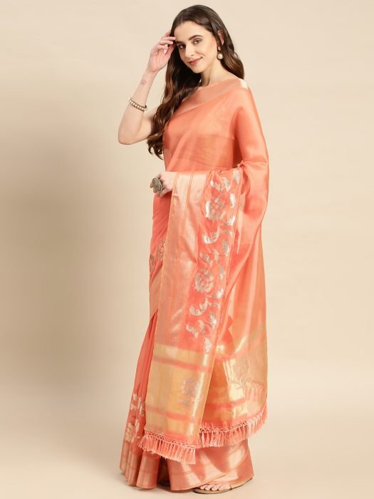 Peach Floral Sequinned Pure Georgette Saree party wear saree