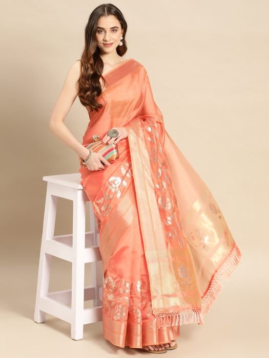 Peach Floral Sequinned Pure Georgette Saree party wear saree