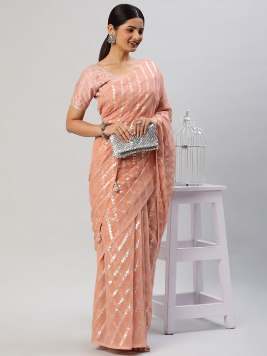 Peach Striped Zari Saree With Tasselled Border party wear saree