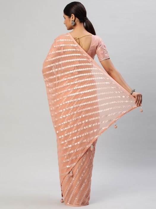 Peach Striped Zari Saree With Tasselled Border party wear saree