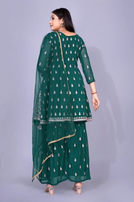 Peacock Blue Ethnic Motifs Embroidered Panelled Mirror Work Silk Georgette Semi Stitched Kurta with Sharara semi stitched