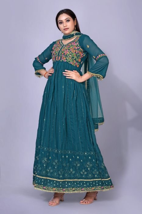 Peacock Blue Ethnic Motifs Georgette Maxi Semi Stitched Kurta With Palazzo And Dupatta semi stitched