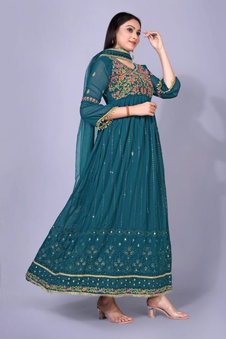 Peacock Blue Ethnic Motifs Georgette Maxi Semi Stitched Kurta With Palazzo And Dupatta semi stitched