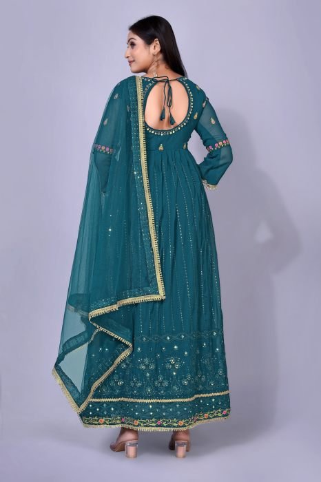 Peacock Blue Ethnic Motifs Georgette Maxi Semi Stitched Kurta With Palazzo And Dupatta semi stitched