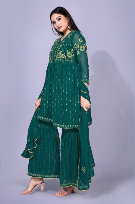 Peacock Blue Floral Embroidered Work Semi Stitched Kurta With Plazzo And Dupatta  sharara suits