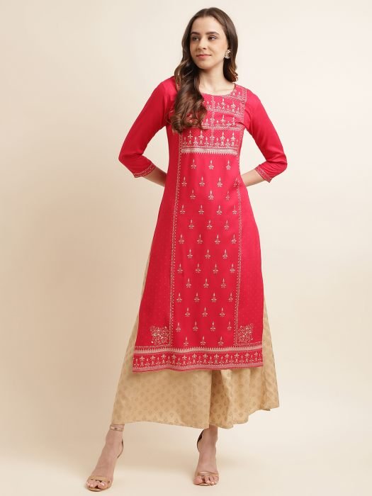 Pink Cotton Blend Embroidered And Printed Work  Kurta   kurti