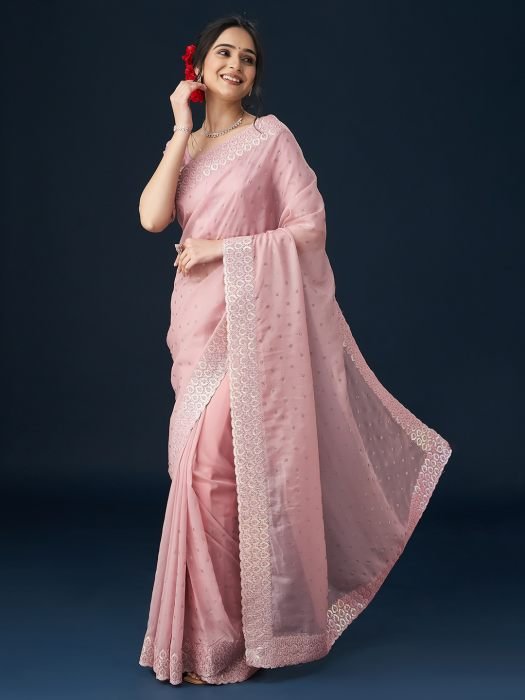 Pink Embellished Embroidered Organza Sequinned Saree embroidered saree