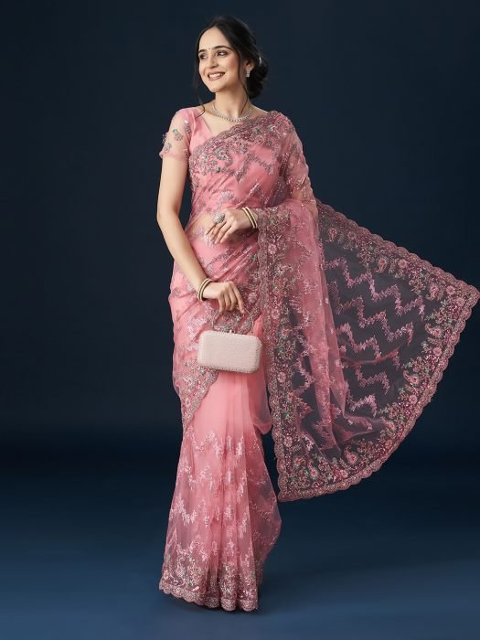 Pink Embellished Net Sarees NEW