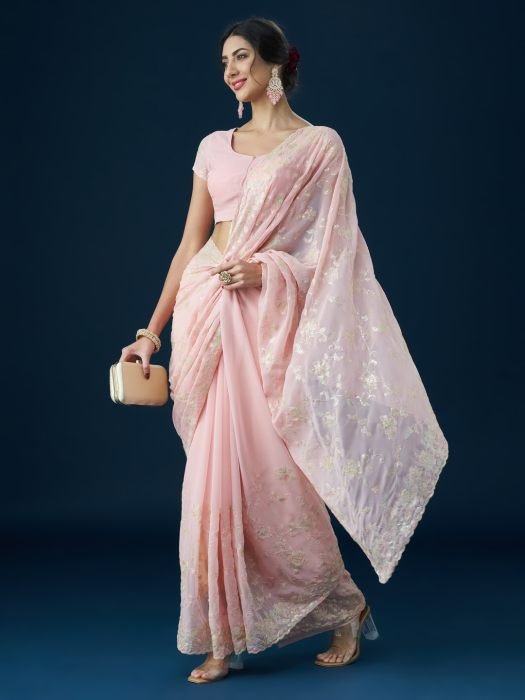 Pink Embellished Sequinned Saree NEW