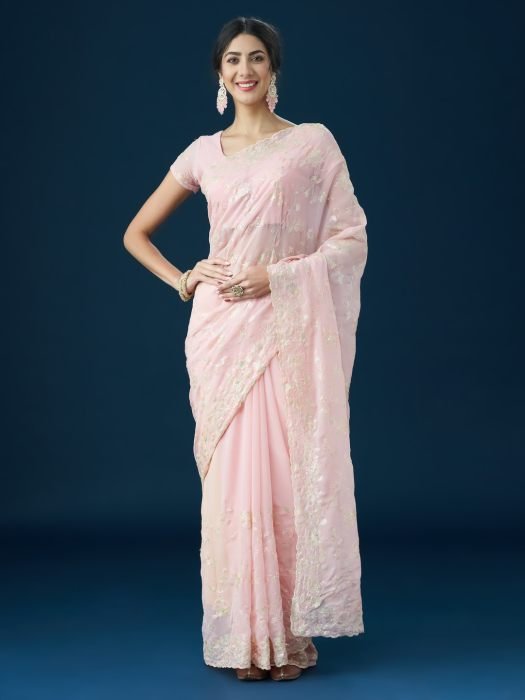 Pink Embellished Sequinned Saree NEW