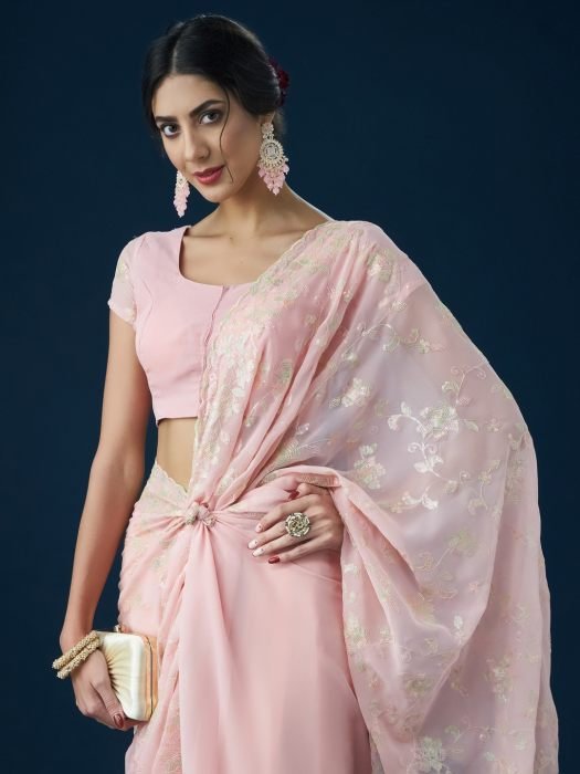 Pink Embellished Sequinned Saree NEW