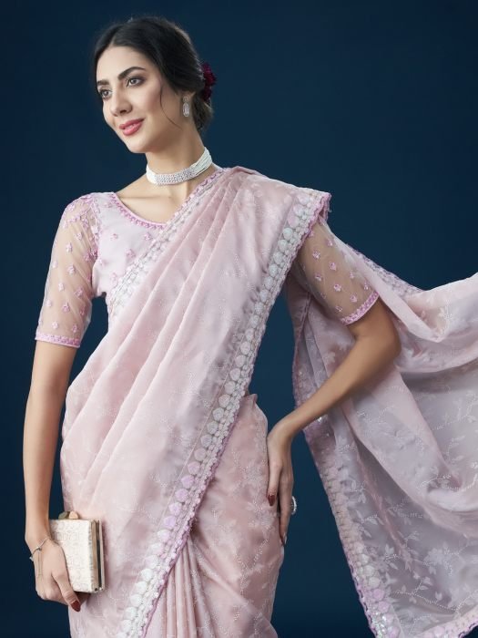 Pink Embellished Sequinned With Printed Saree NEW