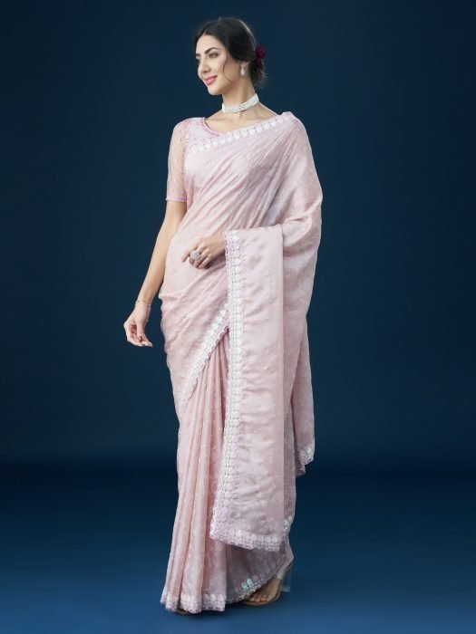 Pink Embellished Sequinned With Printed Saree NEW