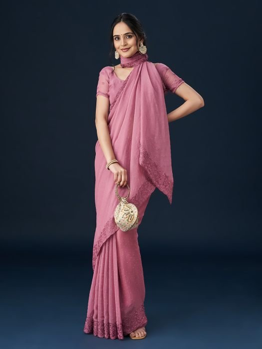 Pink Embroidered Beads and Stones Border Saree party wear saree