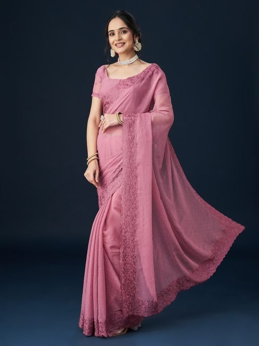 Pink Embroidered Beads and Stones Border Saree party wear saree