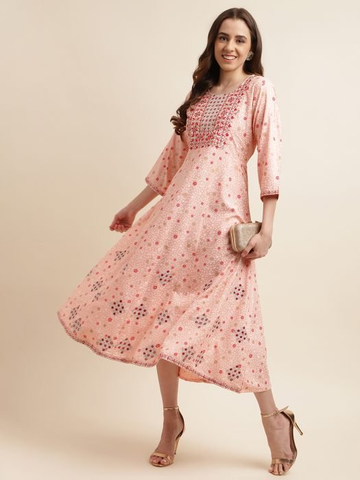 Pink Embroidered Cotton Mirror Work Ethnic Dress kurtis