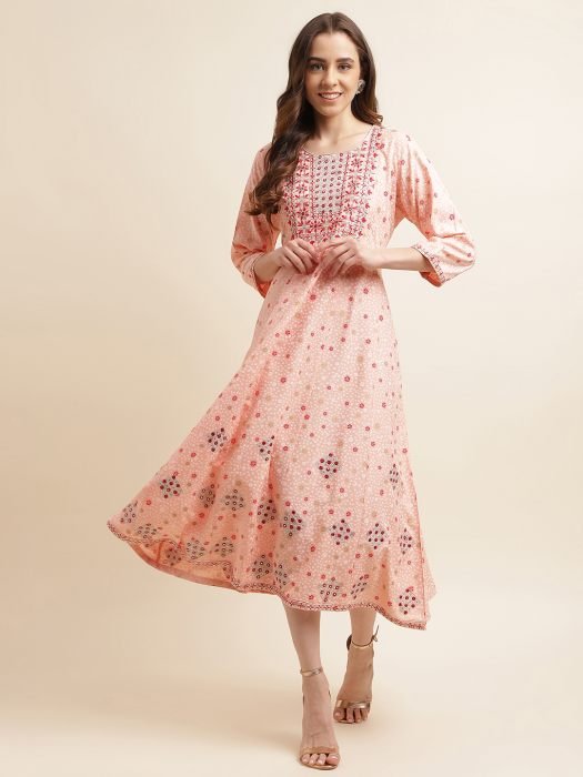 Pink Embroidered Cotton Mirror Work Ethnic Dress kurtis