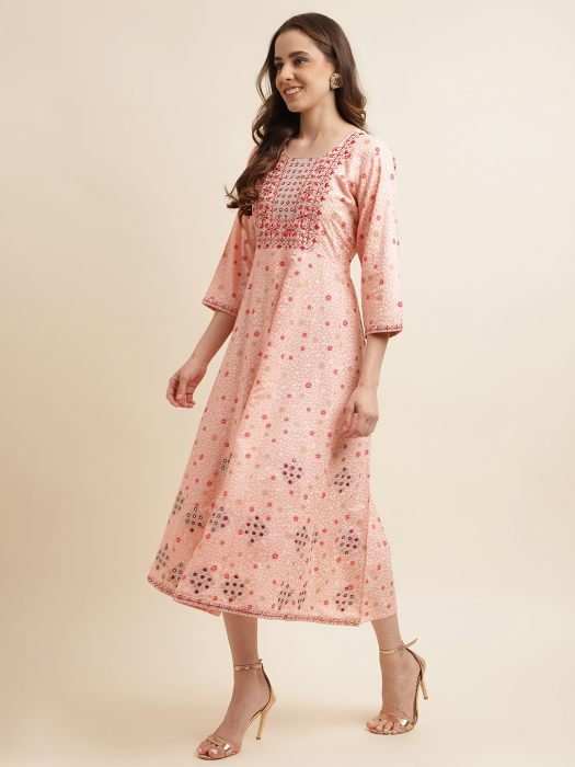 Pink Embroidered Cotton Mirror Work Ethnic Dress kurtis