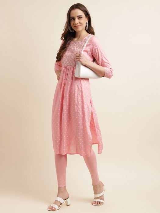 Pink Embroidered Mirror Work Kurta kurta with bottom