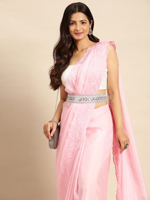 Pink Embroidered Satin Saree