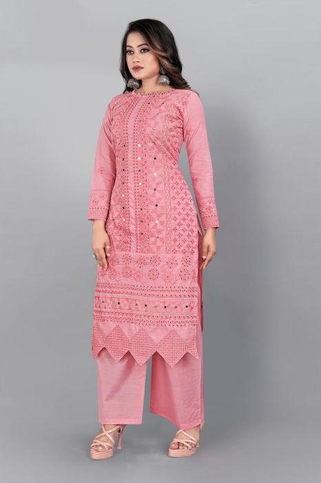 Pink Floral Cotton Blend Embroidered Mirror Work Semi Stitched Kurta Fabric With Plazzo And Dupatta  summer suits