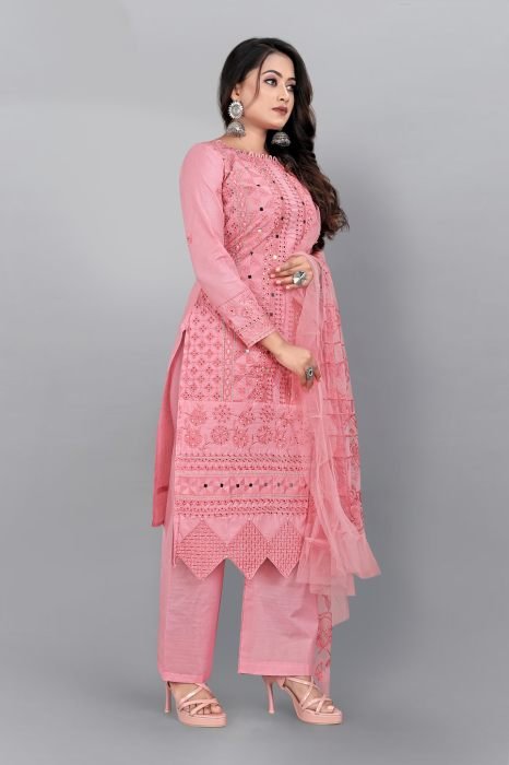 Pink Floral Cotton Blend Embroidered Mirror Work Semi Stitched Kurta Fabric With Plazzo And Dupatta  summer suits