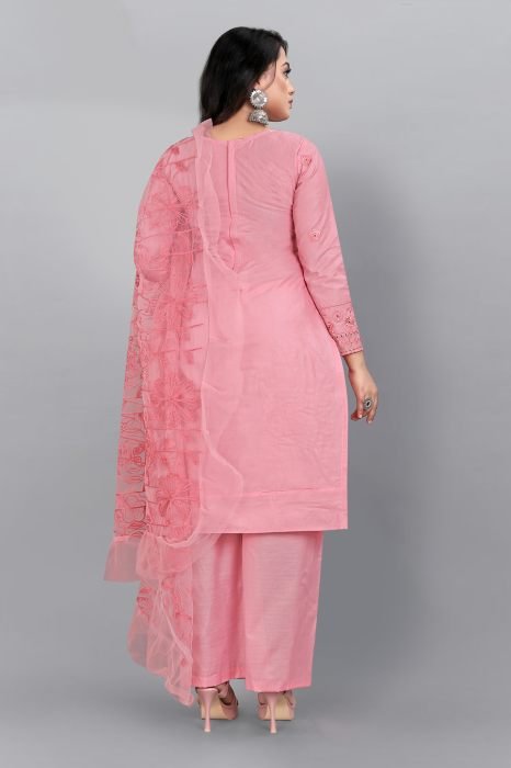 Pink Floral Cotton Blend Embroidered Mirror Work Semi Stitched Kurta Fabric With Plazzo And Dupatta  summer suits