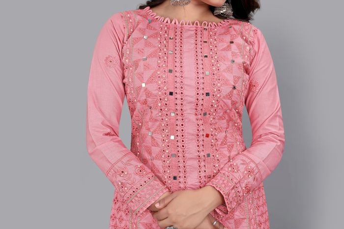 Pink Floral Cotton Blend Embroidered Mirror Work Semi Stitched Kurta Fabric With Plazzo And Dupatta  summer suits