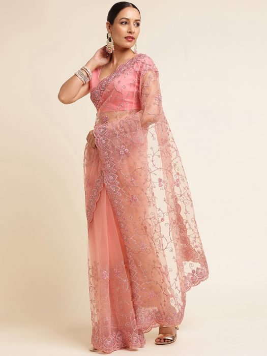 Pink Floral Embroidered Work Net Saree party wear saree