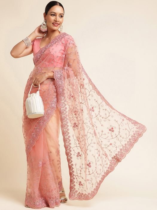 Pink Floral Embroidered Work Net Saree party wear saree