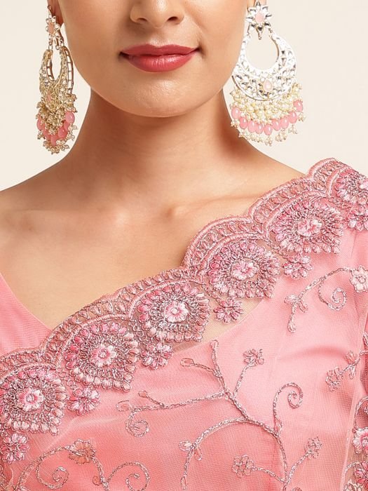 Pink Floral Embroidered Work Net Saree party wear saree