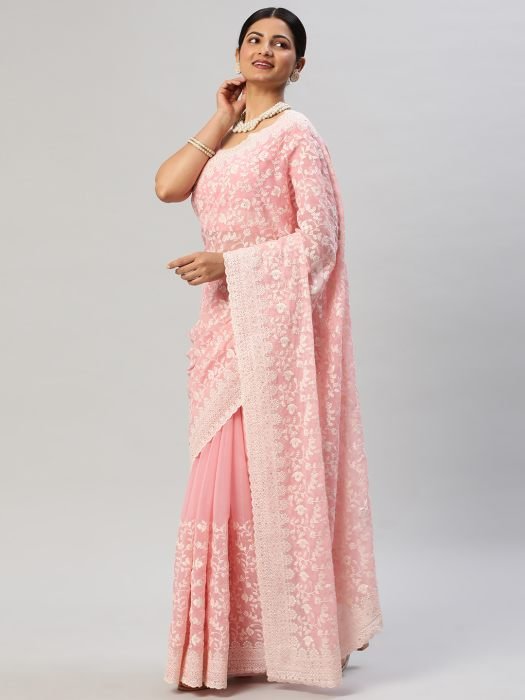 Pink Thread Work Chiffon Designer Saree embroidered saree