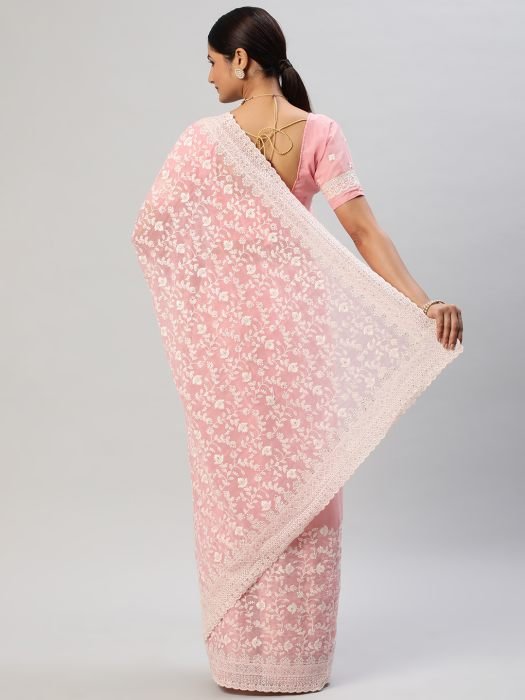 Pink Thread Work Chiffon Designer Saree embroidered saree