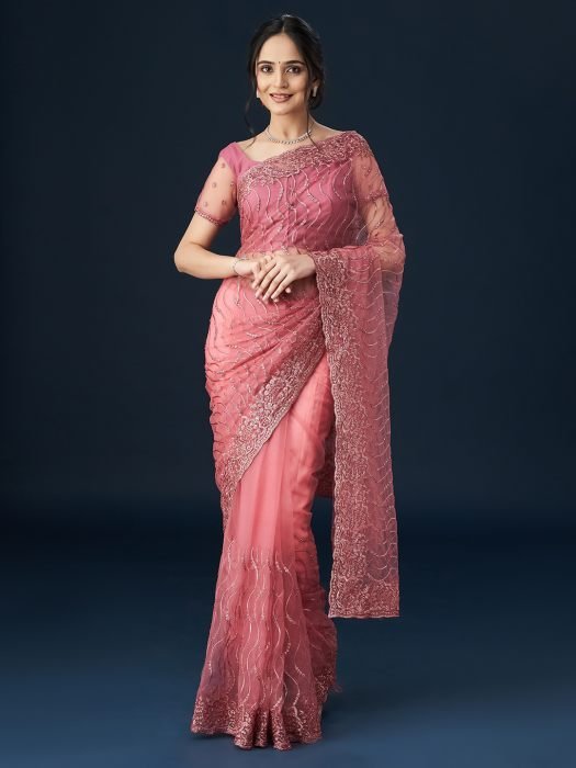 Pink Floral Embroidered Saree party wear saree