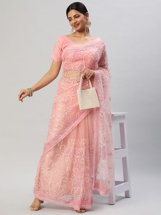 Pink Floral Embroidered Sequinned Net Saree party wear saree