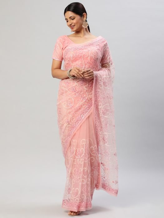 Pink Floral Embroidered Sequinned Net Saree party wear saree