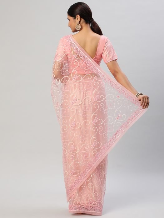 Pink Floral Embroidered Sequinned Net Saree party wear saree