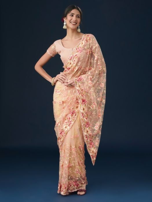 Pink Floral Embroidered Work Soft Net Saree